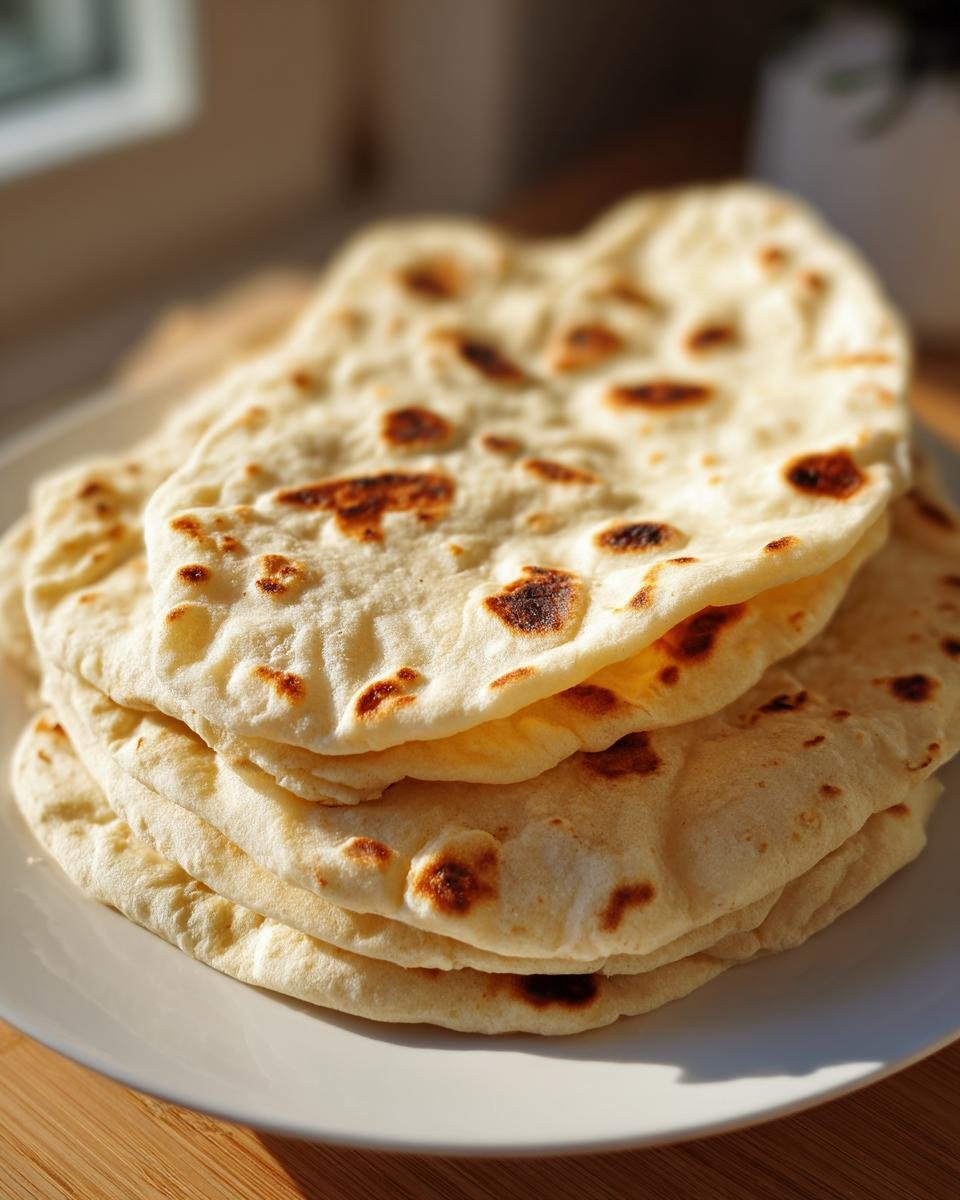 Nahaufnahme eines Stapels von blitzschnellen Weizen-Tortillas, die auf einem Teller gestapelt sind und leichte Br&auml;unungsflecken aufweisen.