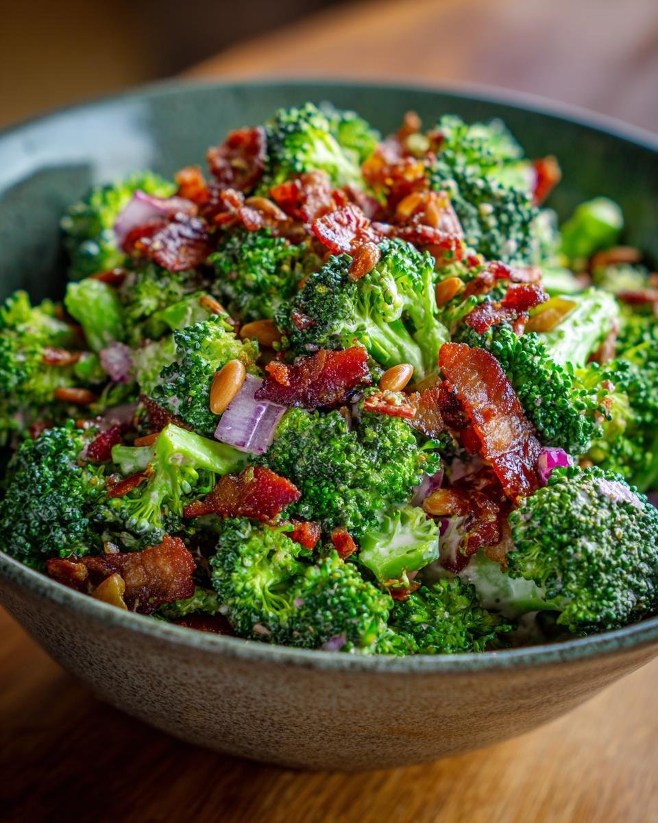 Nahaufnahme eines Sch&uuml;ssel Brokkolisalat mit Speck, roten Zwiebeln und Sonnenblumenkernen.