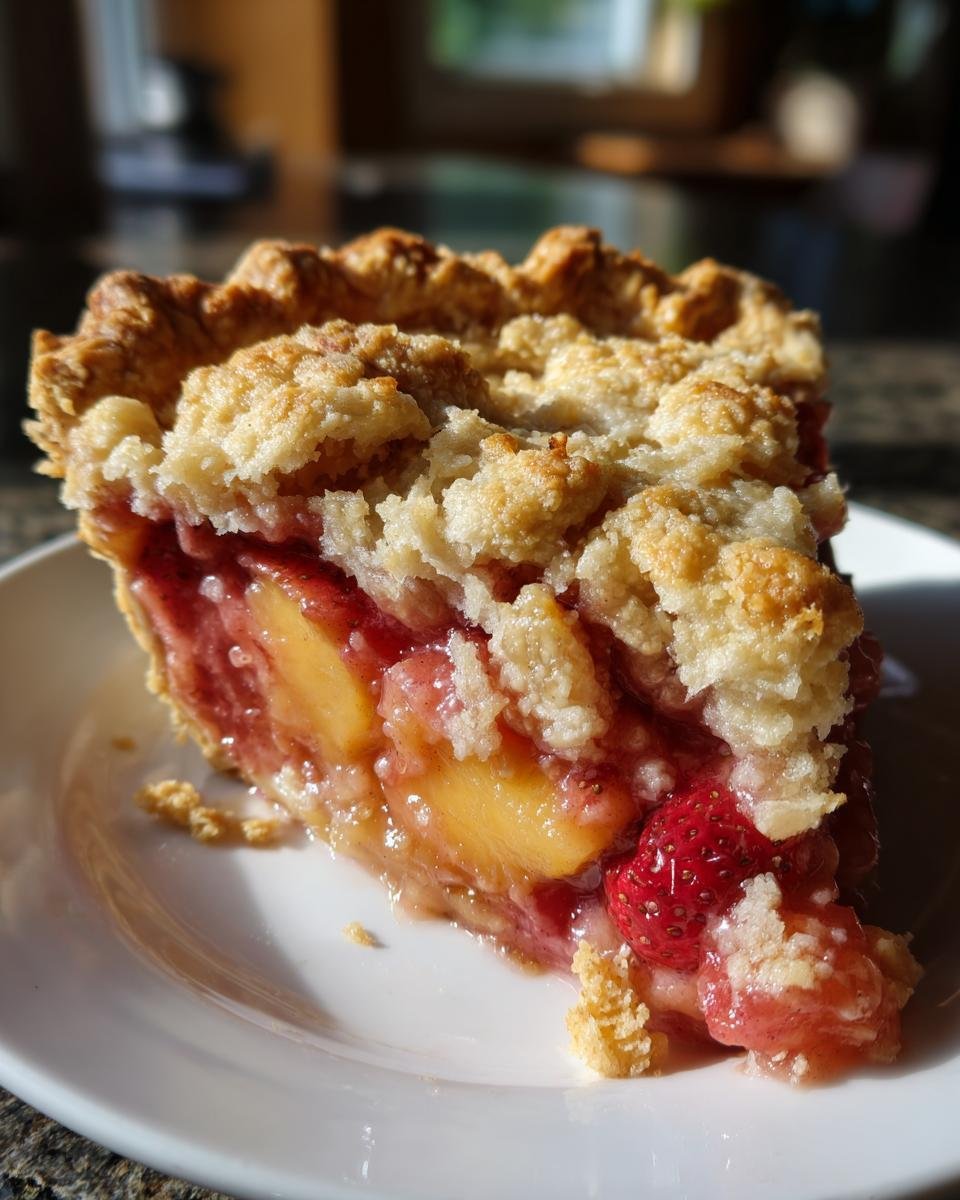 Ein St&uuml;ck Brown Butter Strawberry Peach Pie auf einem wei&szlig;en Teller, mit saftiger F&uuml;llung aus Erdbeeren und Pfirsichen.