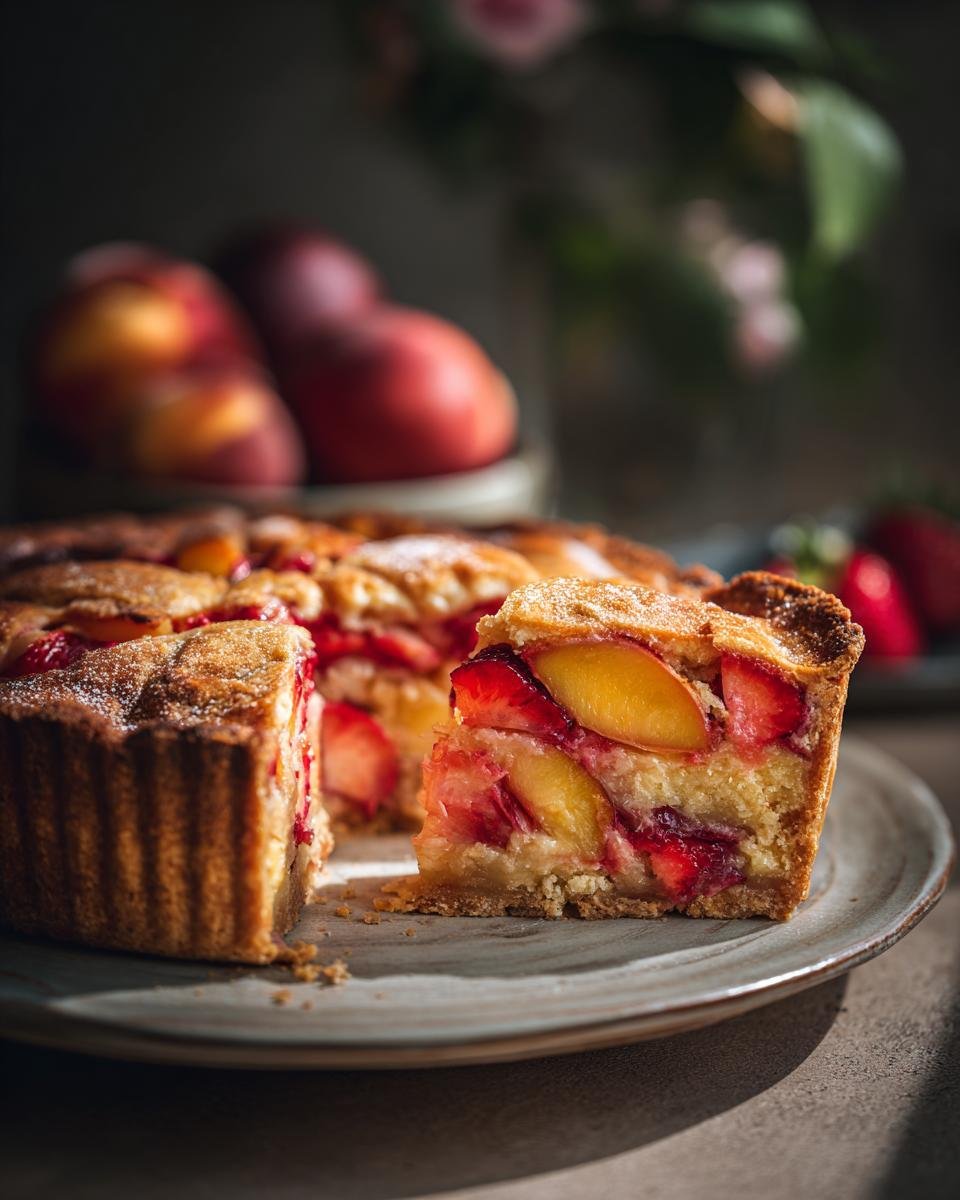 Ein St&uuml;ck unwiderstehlicher Brown Butter Erdbeer-Pfirsich-Kuchen auf einem Teller, mit frischen Fr&uuml;chten im Hintergrund.