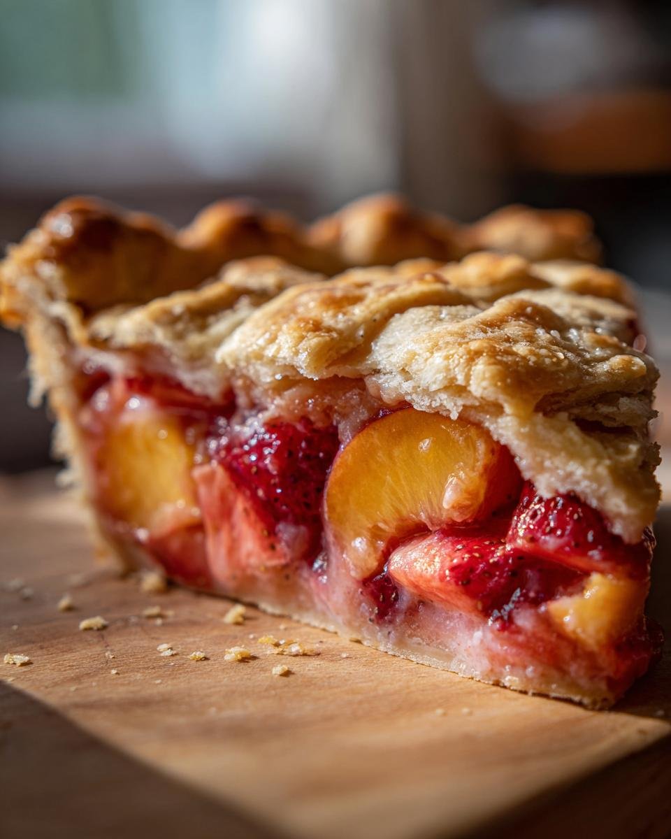 Ein St&uuml;ck Brown Butter Strawberry Peach Pie mit saftigen Erdbeeren und Pfirsichen unter goldbraun gebackenem Teig.