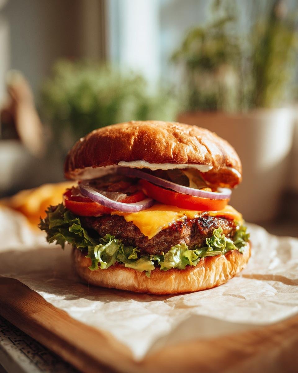 Ein perfekt gegrillter Burger mit saftigem Patty, geschmolzenem K&auml;se, frischem Salat, Tomaten und roten Zwiebeln.