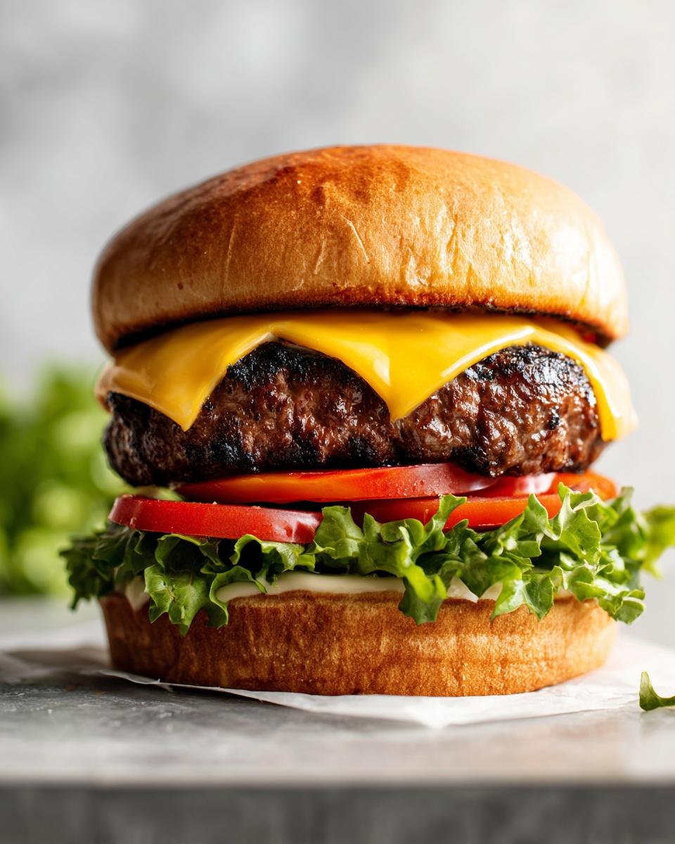 Nahaufnahme eines saftigen Burgers mit geschmolzenem K&auml;se, Tomaten, Salat und einer weichen Br&ouml;tchenh&auml;lfte.