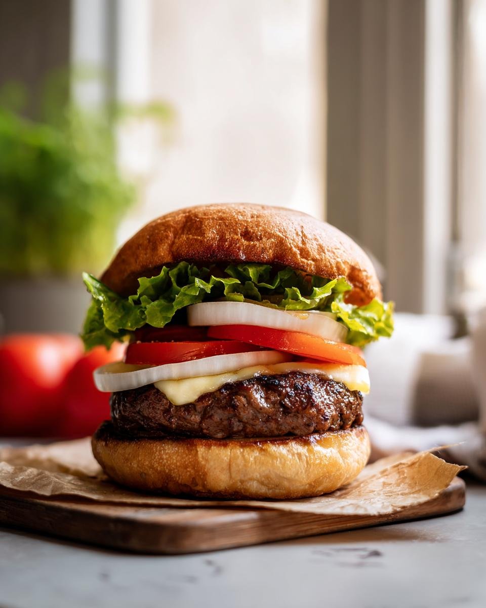 Ein saftiger Burger mit Salat, Tomaten, Zwiebeln und K&auml;se auf einem Br&ouml;tchen, bereit f&uuml;r das k&ouml;stliche Grillgl&uuml;ck.