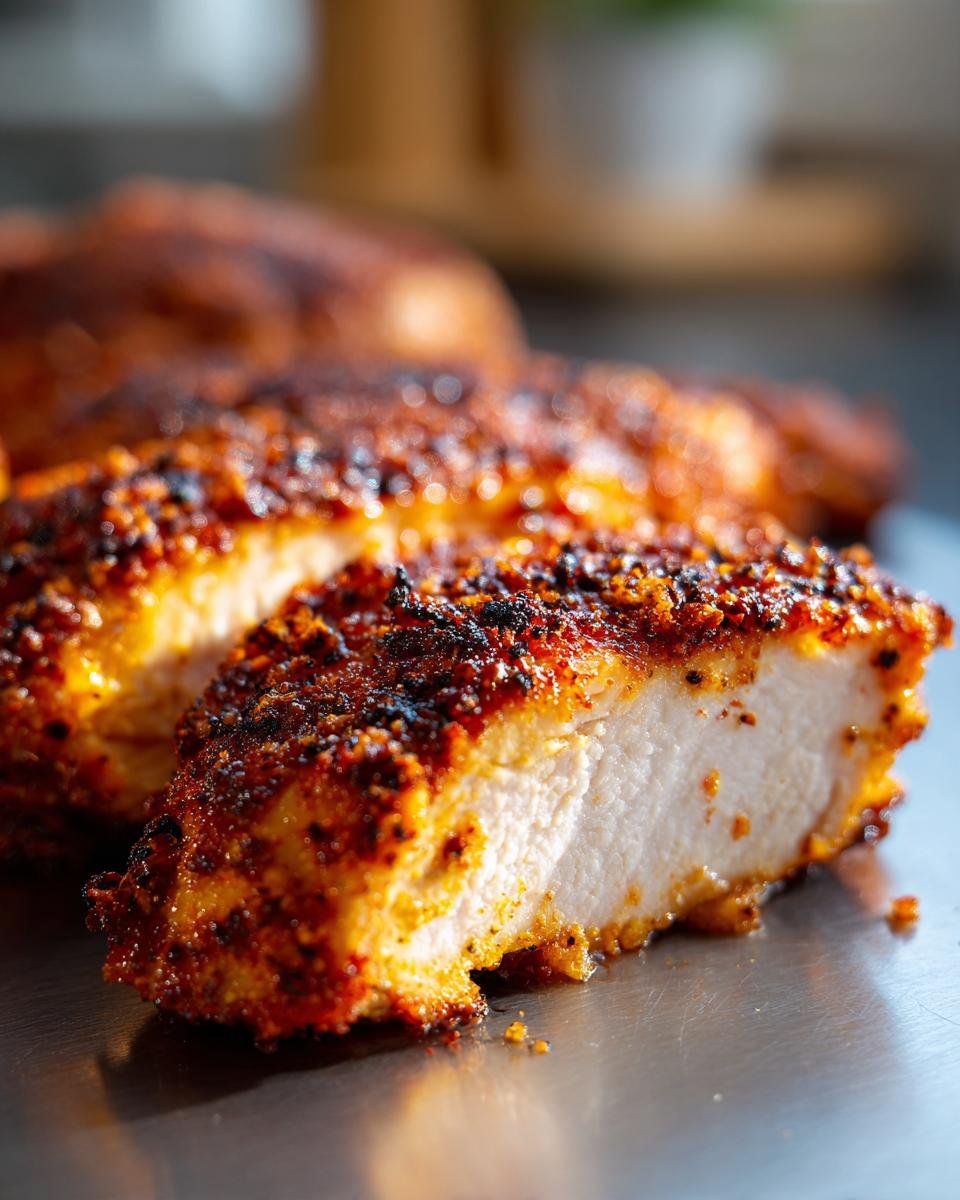 Nahaufnahme von saftigem Cajun H&auml;hnchen, au&szlig;en knusprig und innen zart, mit Gew&uuml;rzkruste.