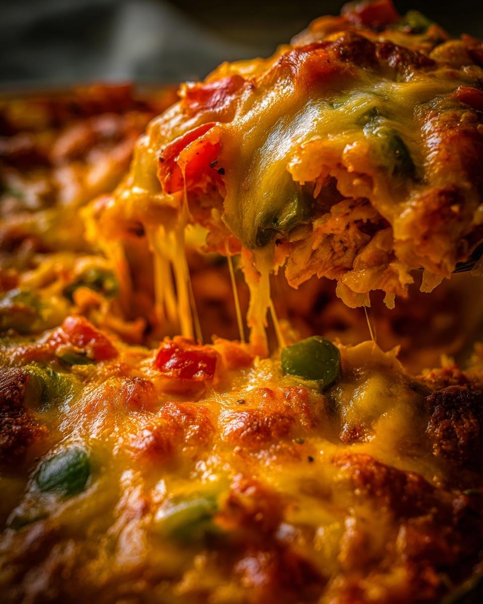Nahaufnahme eines St&uuml;cks unwiderstehlichen Chicken Fajita Auflaufs, das mit geschmolzenem K&auml;se &uuml;berbacken ist.