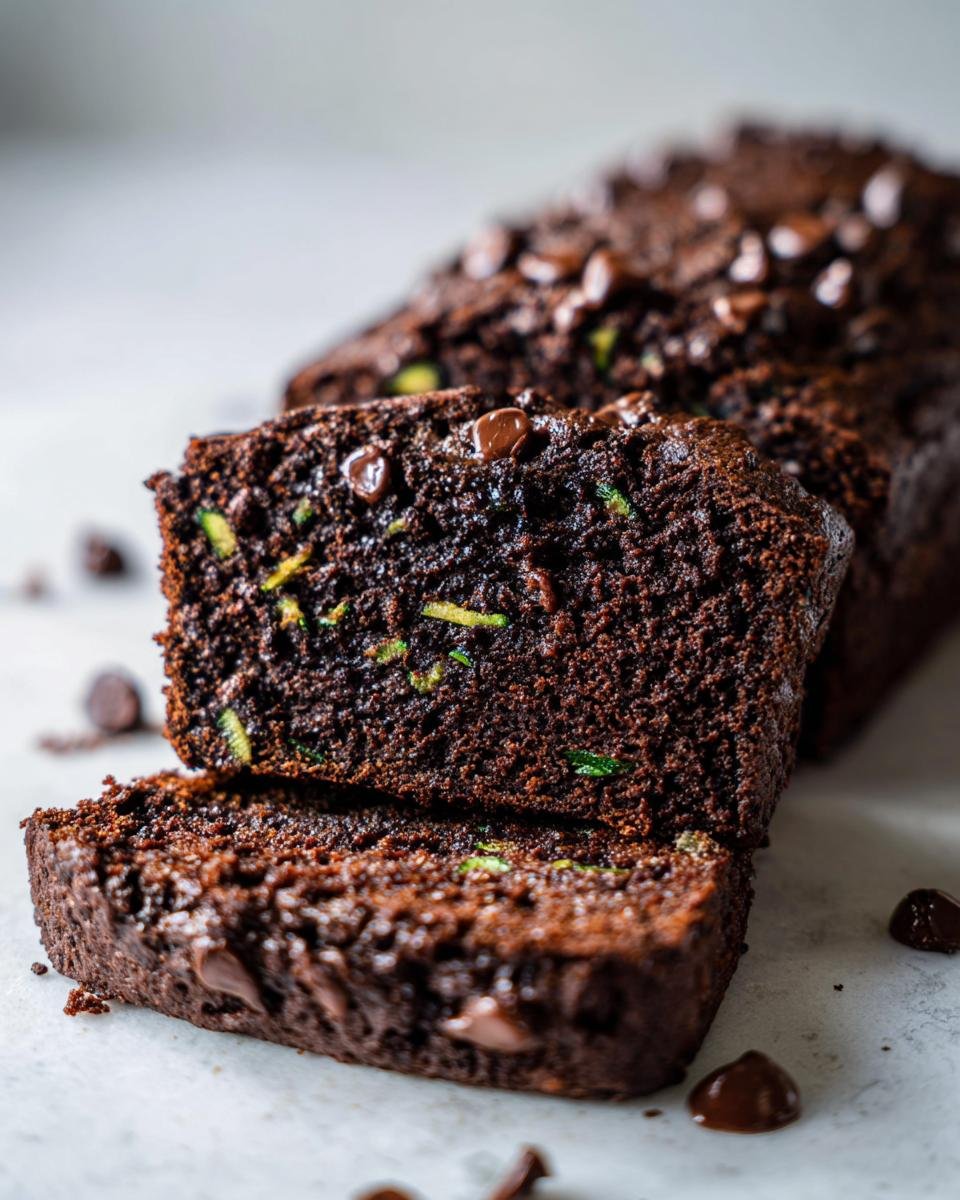 Nahaufnahme von angeschnittenem Chocolate Zucchini Bread mit sichtbaren Zucchinif&auml;den und Schokoladenst&uuml;ckchen.