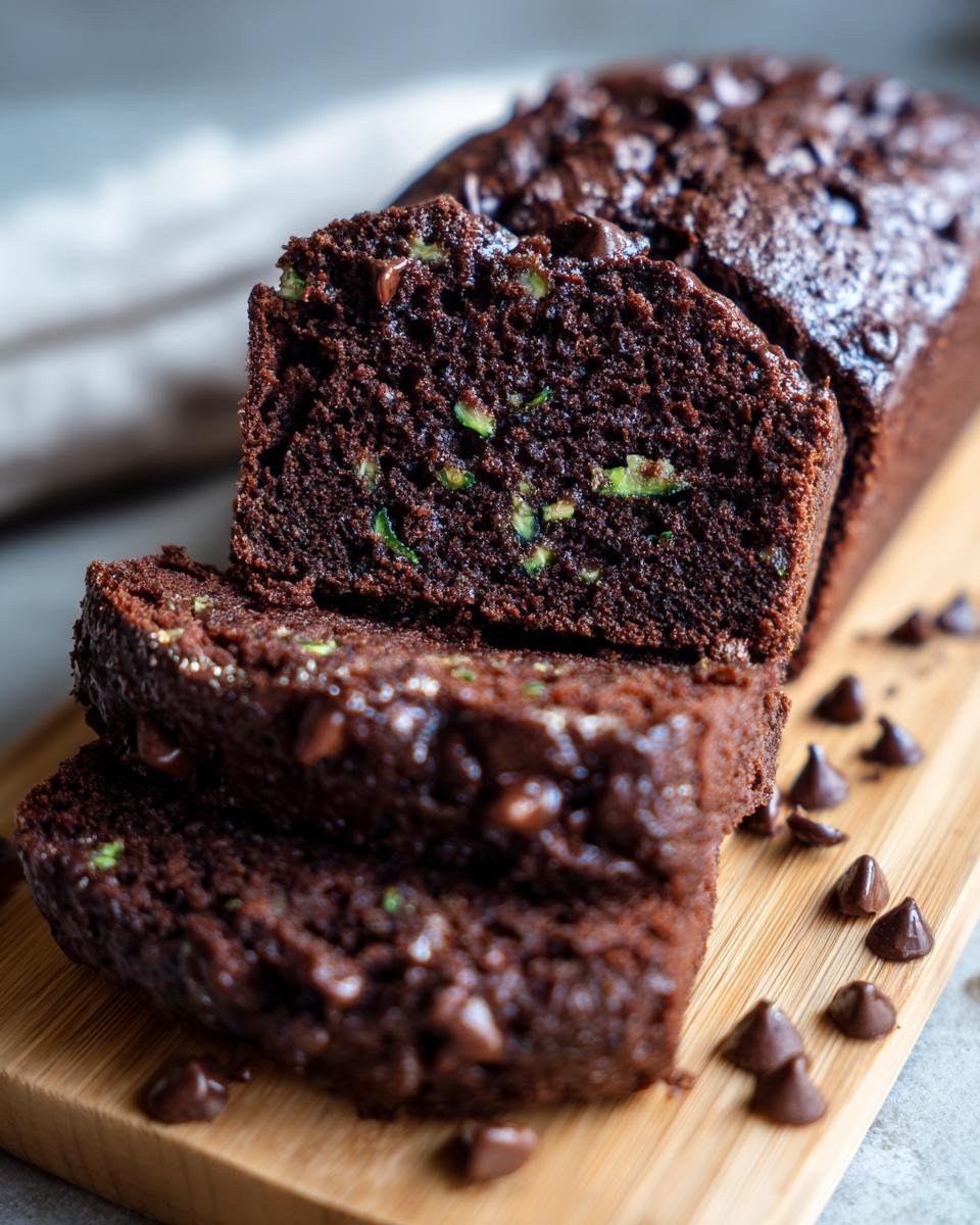Nahaufnahme von geschnittenem Chocolate Zucchini Bread mit sichtbaren gr&uuml;nen Zucchin St&uuml;ckchen und Schokotropfen.