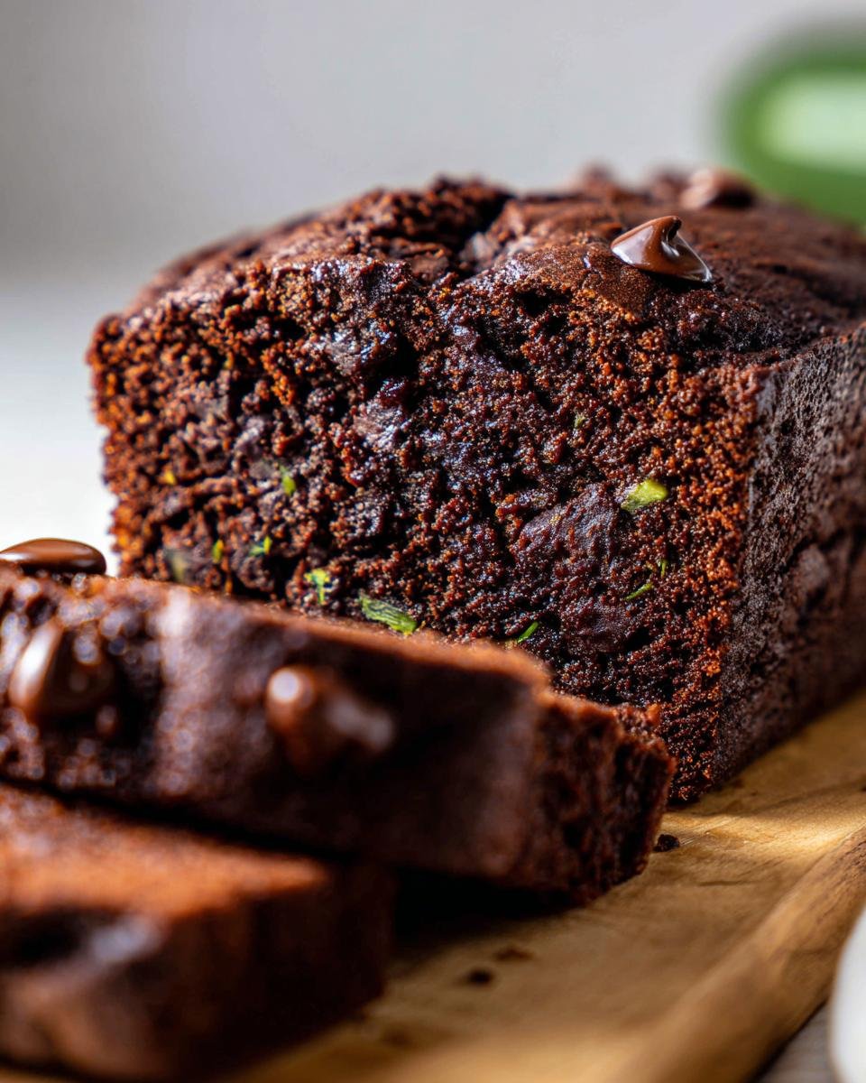 Nahaufnahme von einem saftigen Chocolate Zucchini Bread mit Schokoladenst&uuml;ckchen und Zucchinist&uuml;ckchen.