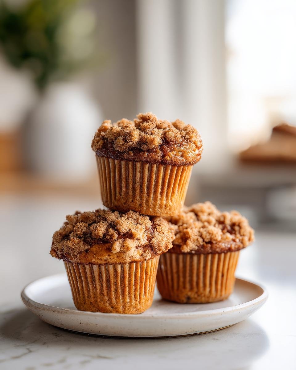 Drei saftige Coffee Cake Bananenbrot Muffins mit Streuseln, gestapelt auf einem Teller.