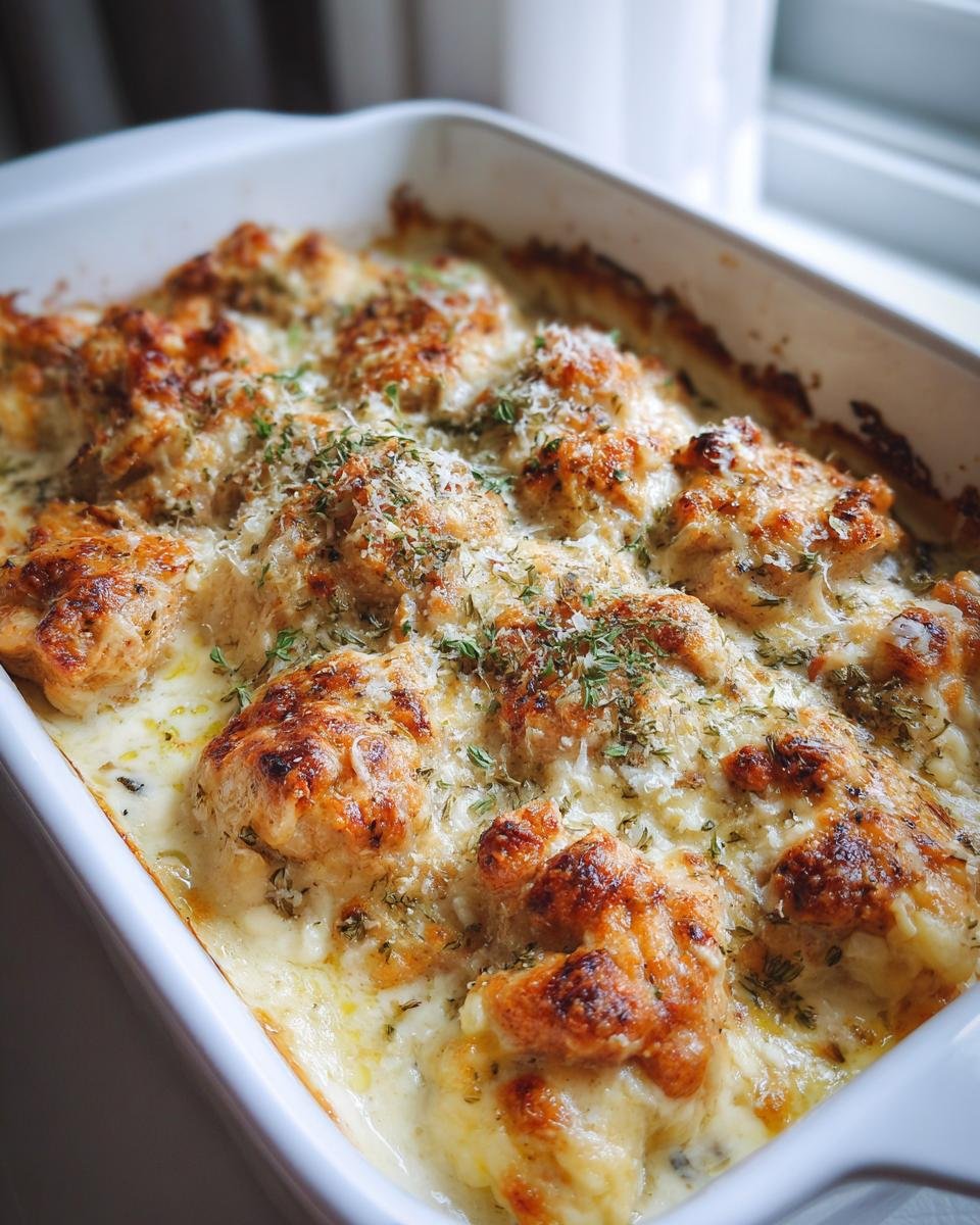 Nahaufnahme eines cremigen Frischk&auml;se-H&auml;hnchen-Auflaufs in einer wei&szlig;en Auflaufform, goldbraun gebacken.