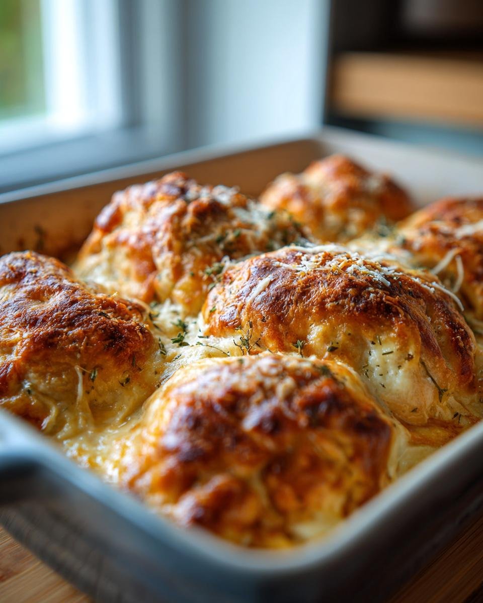 Nahaufnahme eines cremigen Frischk&auml;se-H&auml;hnchen Auflaufs mit goldbrauner K&auml;sekruste und Kr&auml;utern.