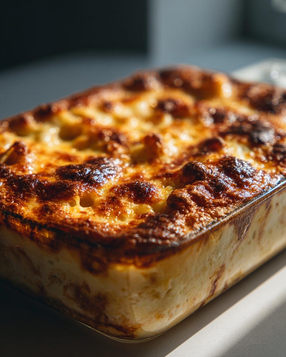 Nahaufnahme eines cremigen gebackenen Makkaroni-K&auml;se Auflaufs in einer Glasform, goldbraun gebacken.