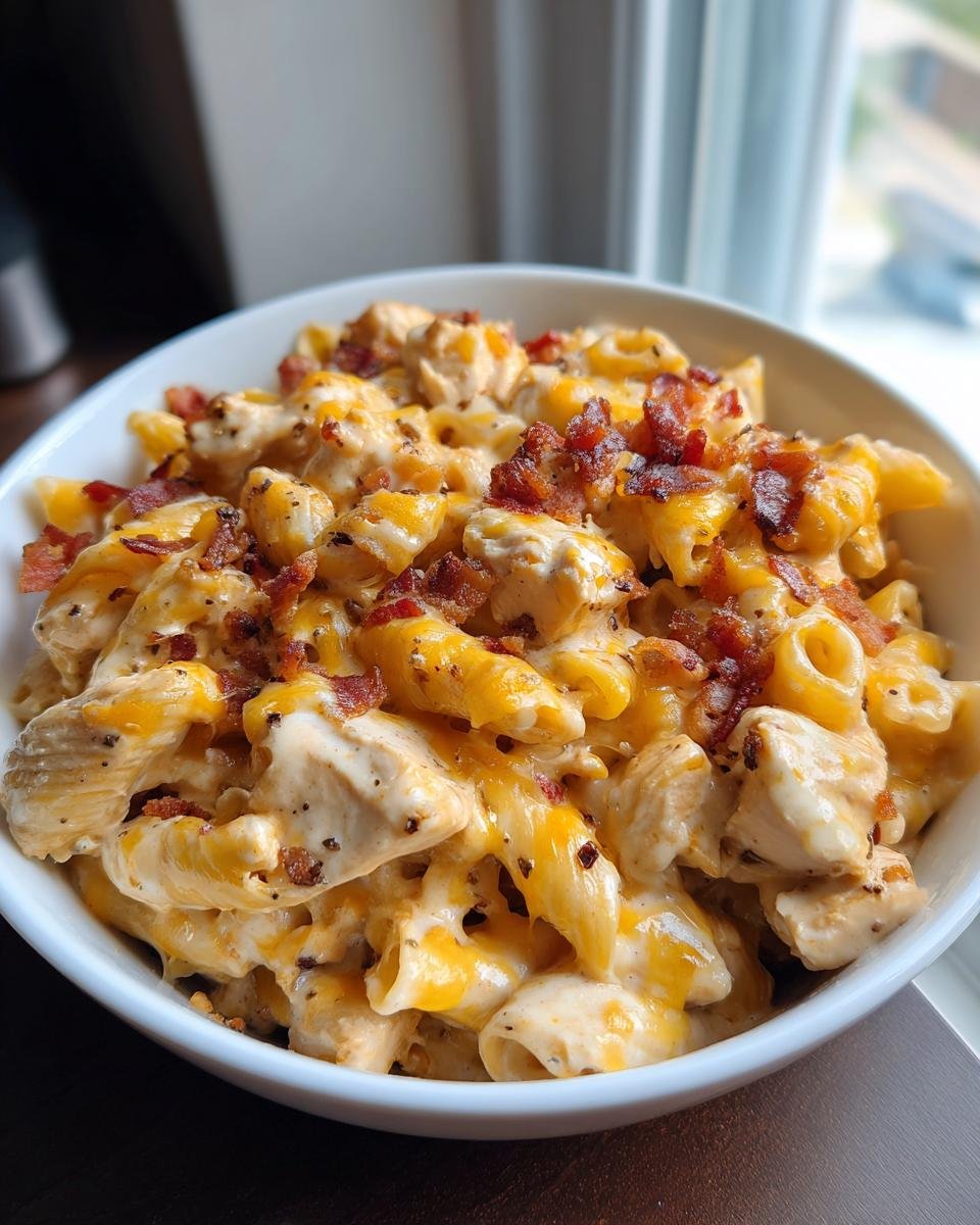 Nahaufnahme eines cremigen H&auml;hnchen-Speck-Ranch-Nudelauflaufs in einer wei&szlig;en Sch&uuml;ssel, garniert mit knusprigem Speck.