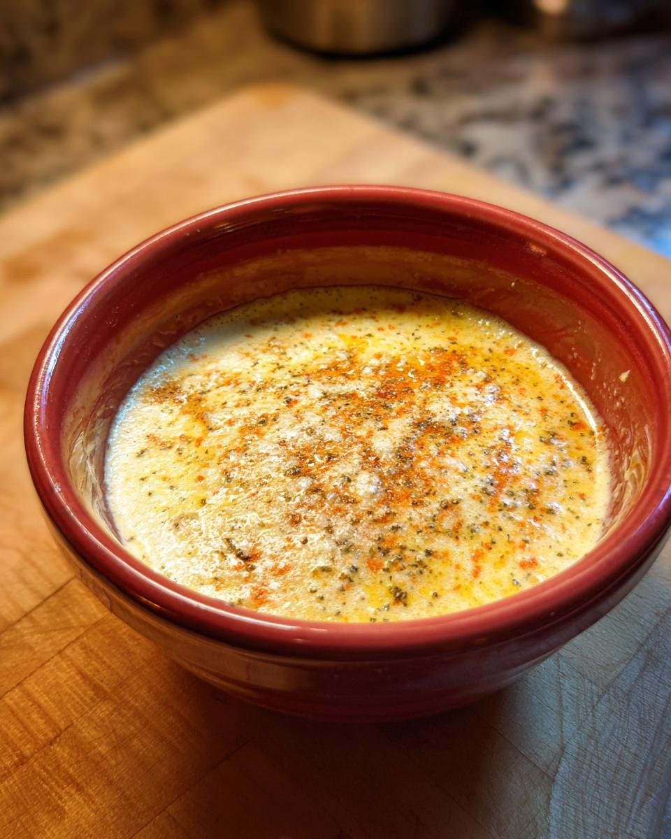 Nahaufnahme einer Schüssel mit cremigem hausgemachtem Caesar Dressing, bestreut mit Gewürzen.