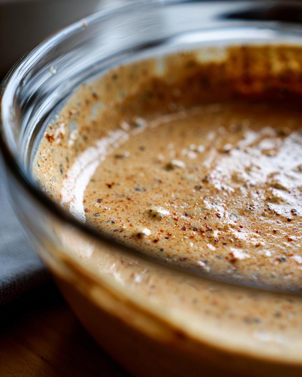 Nahaufnahme einer Schüssel mit cremigem, hausgemachtem Caesar Dressing, perfekt für Salate.