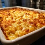 Nahaufnahme von cremigem gebackenem Mac and Cheese mit goldbrauner K&auml;sekruste in einer wei&szlig;en Auflaufform.