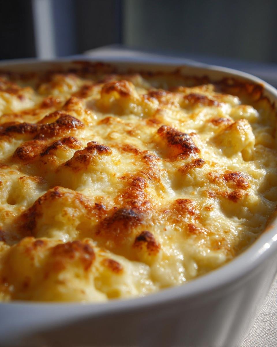 Nahaufnahme von cremigem gebackenem Mac and Cheese mit goldbrauner K&auml;sekruste.