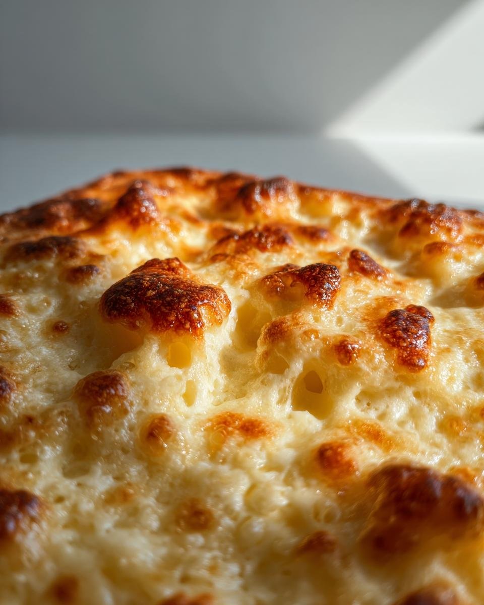 Nahaufnahme einer goldbraunen K&auml;sekruste auf cremigem gebackenem Mac and Cheese.