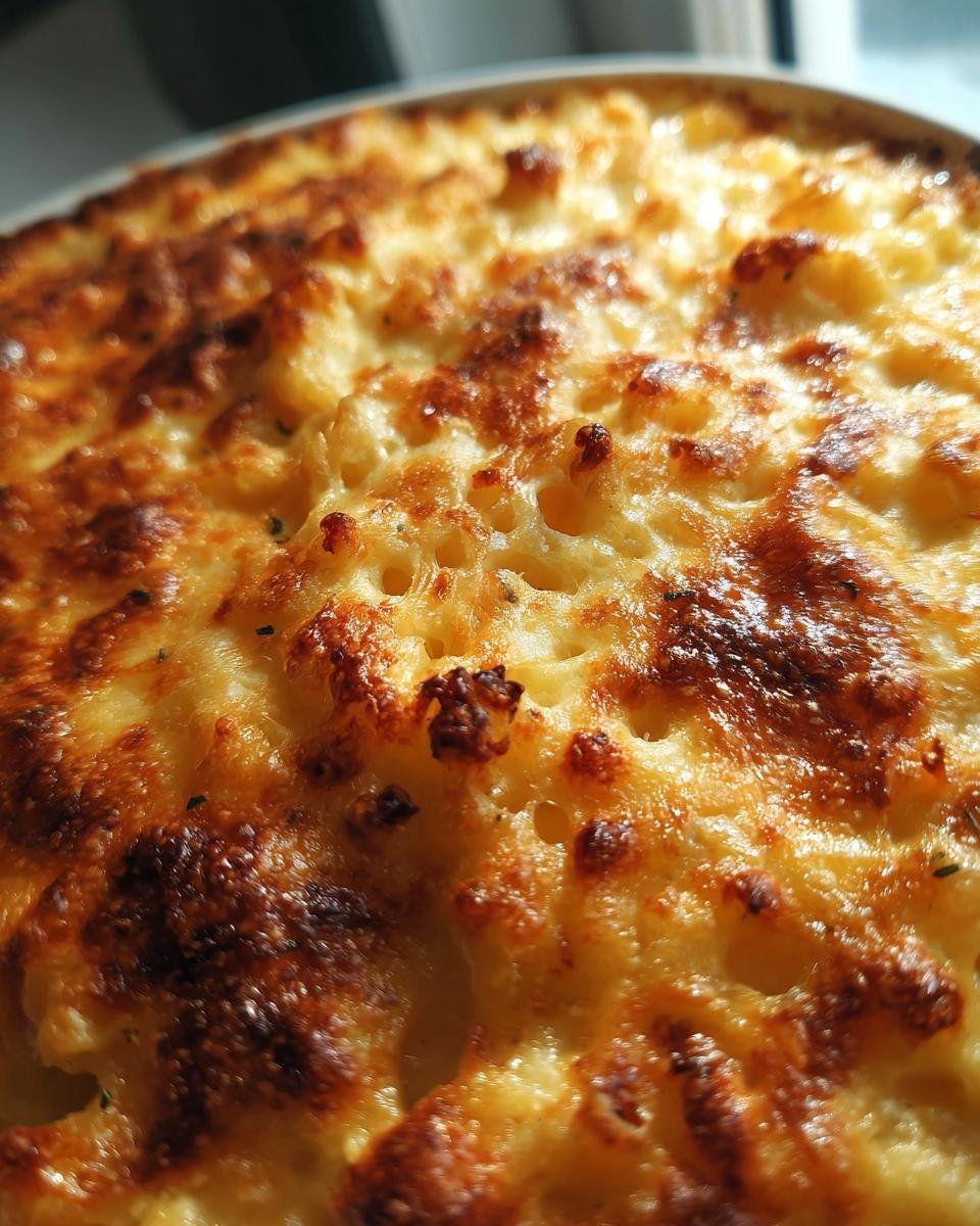 Nahaufnahme von cremigem gebackenem Mac and Cheese mit goldbrauner K&auml;sekruste.