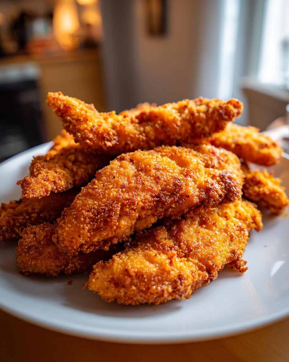 Ein Stapel knuspriger H&auml;hnchen-Tender aus der Hei&szlig;luftfritteuse auf einem wei&szlig;en Teller, goldbraun und saftig.