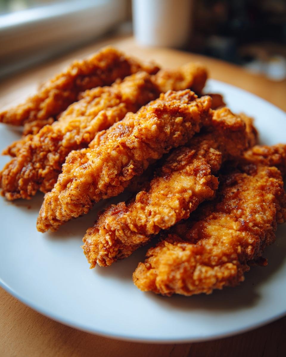 Eine Nahaufnahme von knusprigen H&auml;hnchen-Tenders aus der Hei&szlig;luftfritteuse auf einem Teller.