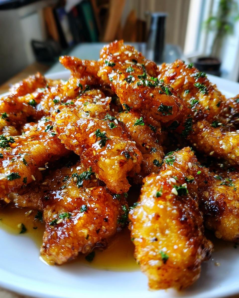 Nahaufnahme von knusprigen H&auml;hnchenstreifen mit Honig-Butter-Knoblauch-Glasur und Sesam bestreut.