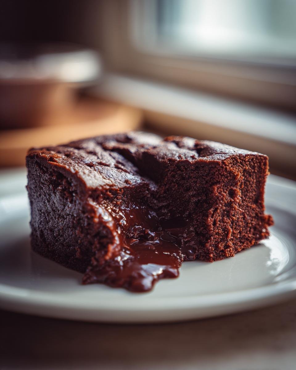 Ein St&uuml;ck dekadenter Schokoladenpuddingkuchens mit fl&uuml;ssiger Schokoladenf&uuml;llung, die herausl&auml;uft.