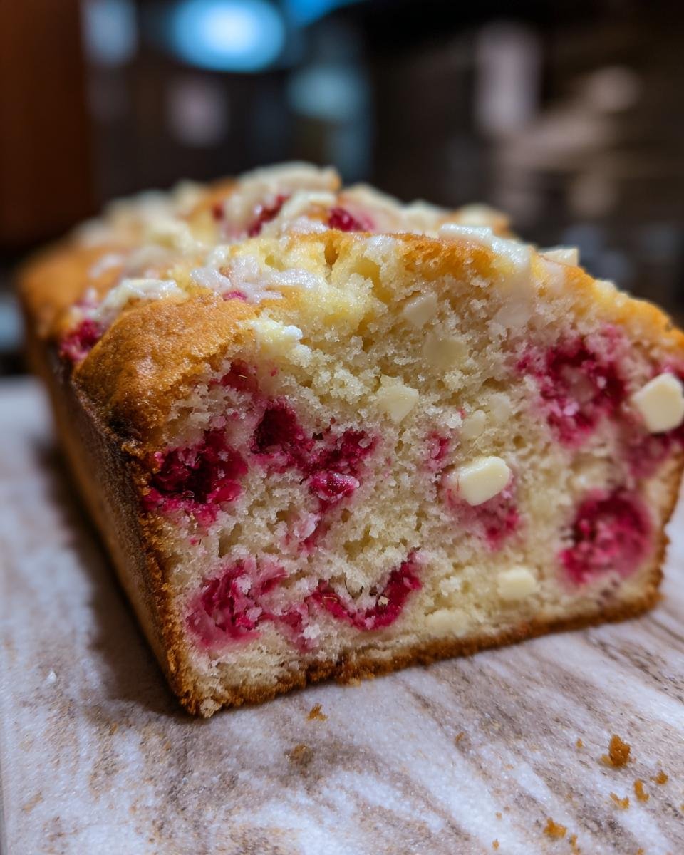 Schnittansicht eines dekadenten wei&szlig;e Schokoladen-Himbeer-Kuchens mit saftigen Himbeeren und wei&szlig;en Schokoladenst&uuml;ckchen.