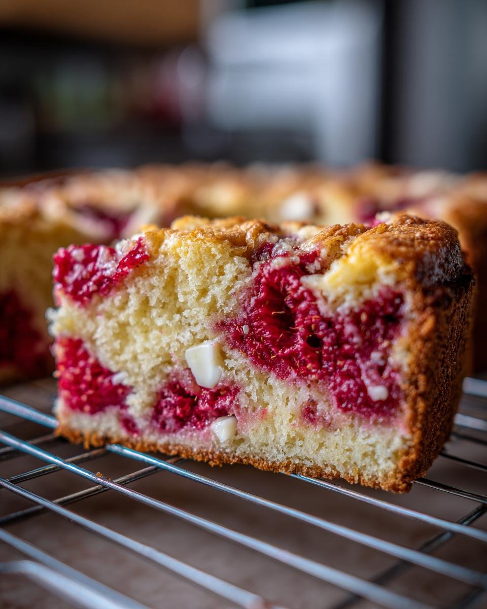 Ein St&uuml;ck dekadenter wei&szlig;er Schokoladen-Himbeer-Kuchen auf einem Kuchengitter, mit Himbeeren und wei&szlig;er Schokolade.
