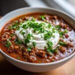 Eine Sch&uuml;ssel mit Delicious Beef Stroganoff With Ground Beef, garniert mit Sauerrahm und Petersilie.