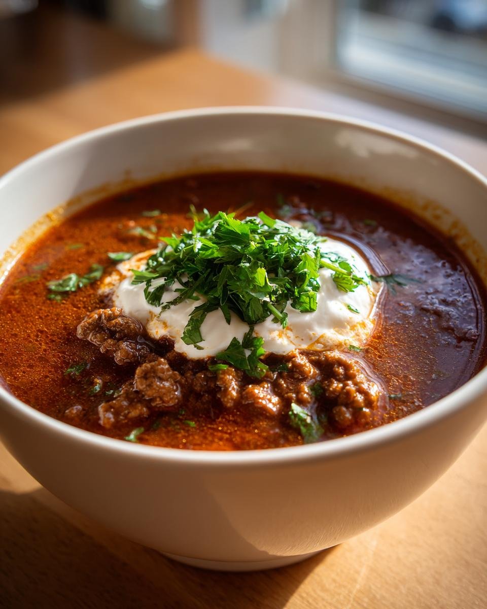 Sch&uuml;ssel mit Delicious Beef Stroganoff mit Hackfleisch, garniert mit Sauerrahm und Petersilie.
