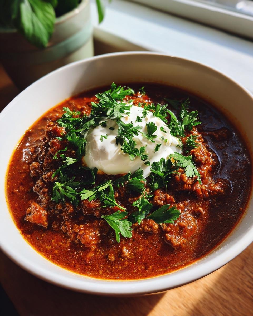 Eine Sch&uuml;ssel mit Delicious Beef Stroganoff mit Hackfleisch, garniert mit Sauerrahm und Petersilie.