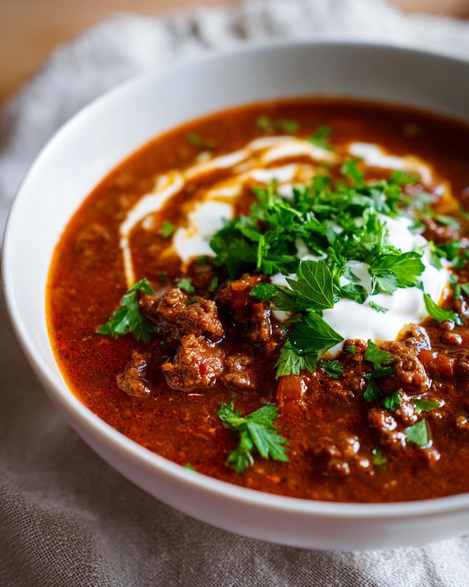 Eine Sch&uuml;ssel mit k&ouml;stlichem Rindergulasch mit Hackfleisch, garniert mit Sauerrahm und Petersilie.