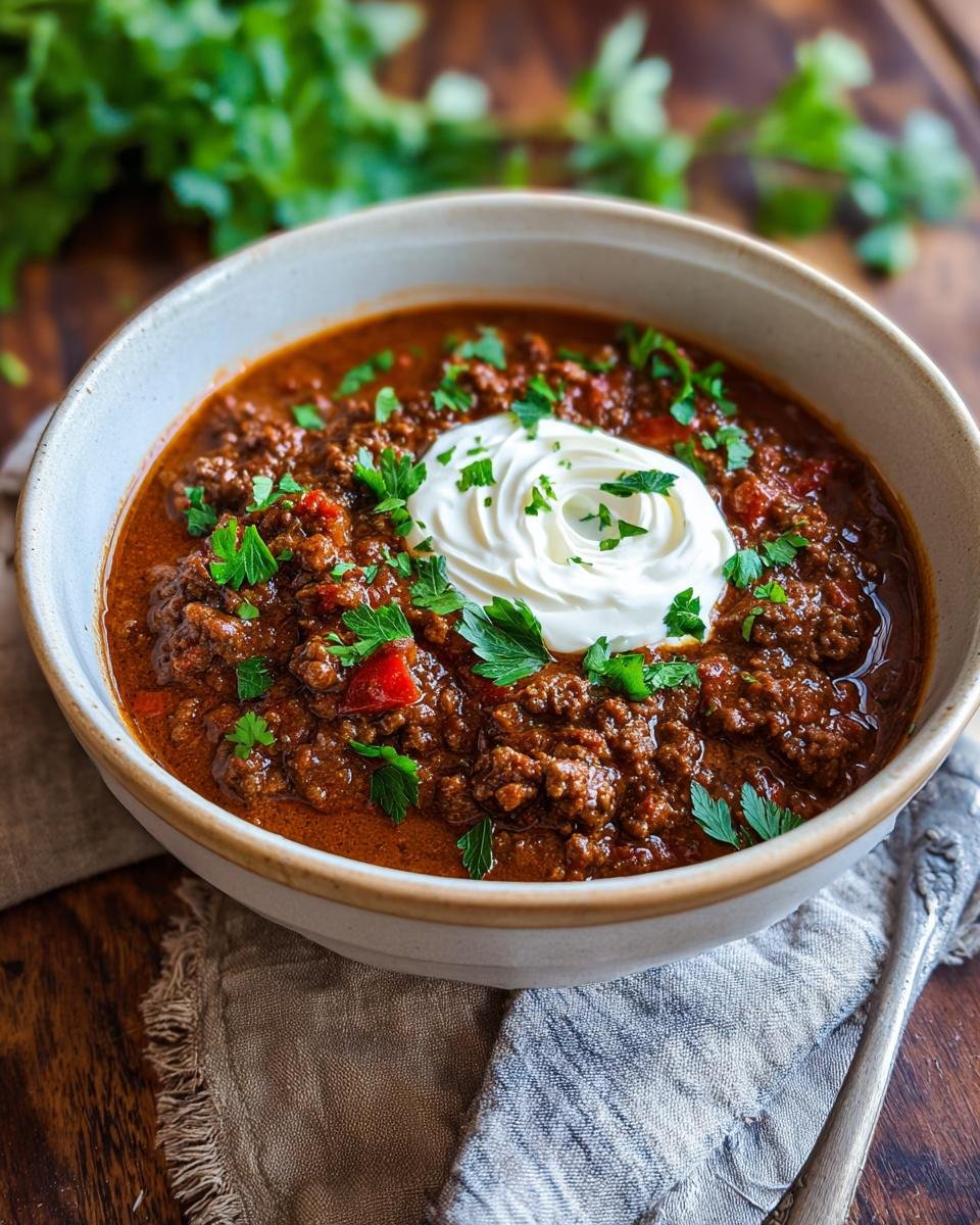 Eine Sch&uuml;ssel mit Delicious Beef Stroganoff mit Hackfleisch, garniert mit einem Klecks Sauerrahm und Petersilie.