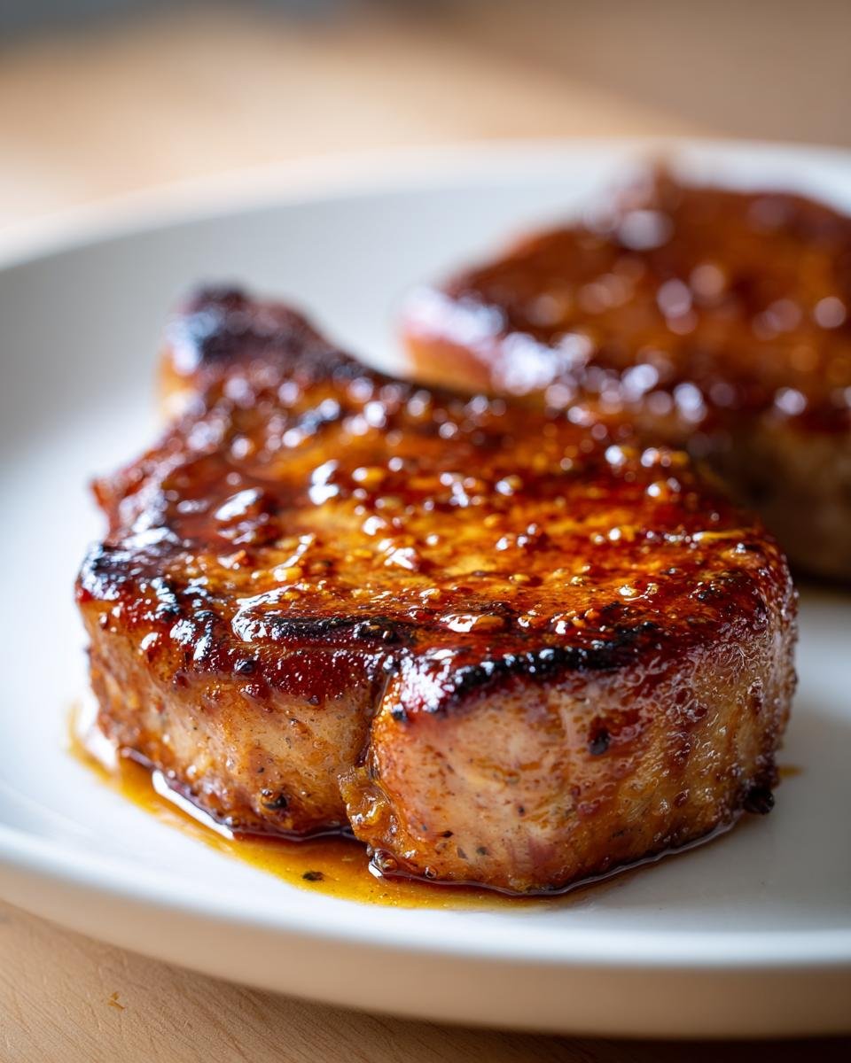 Nahaufnahme von saftigen Delicious Brown Sugar Pork Chops auf einem wei&szlig;en Teller, glasiert und goldbraun gebraten.