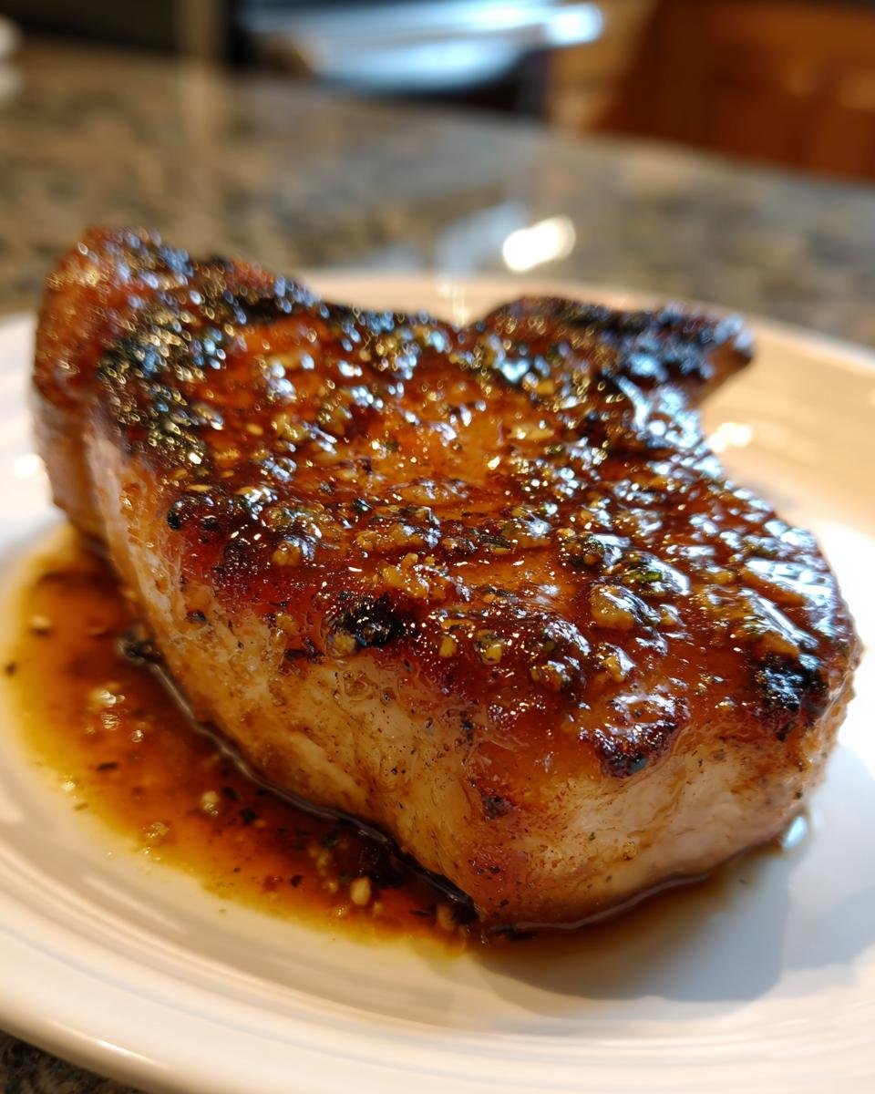 Nahaufnahme eines saftigen Delicious Brown Sugar Pork Chops auf einem wei&szlig;en Teller, glasiert und mit Kr&auml;utern bestreut.