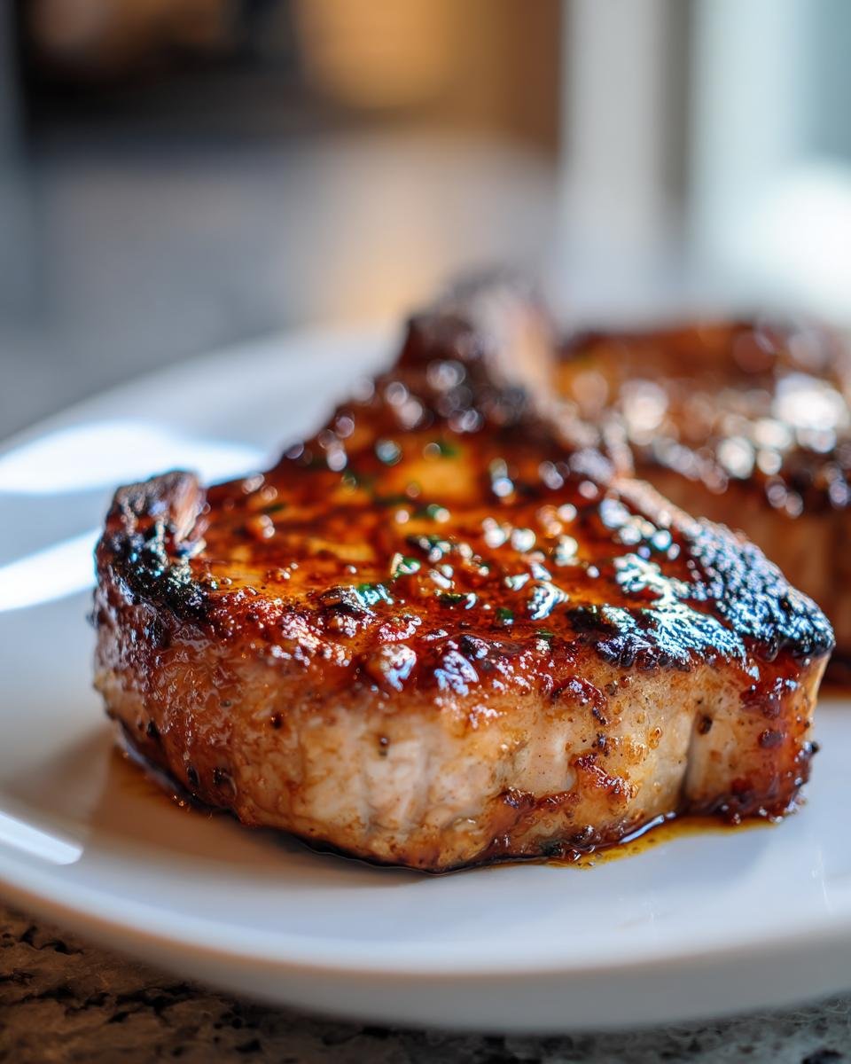 Nahaufnahme von saftigen Delicious Brown Sugar Pork Chops mit gl&auml;nzender Glasur auf einem wei&szlig;en Teller.