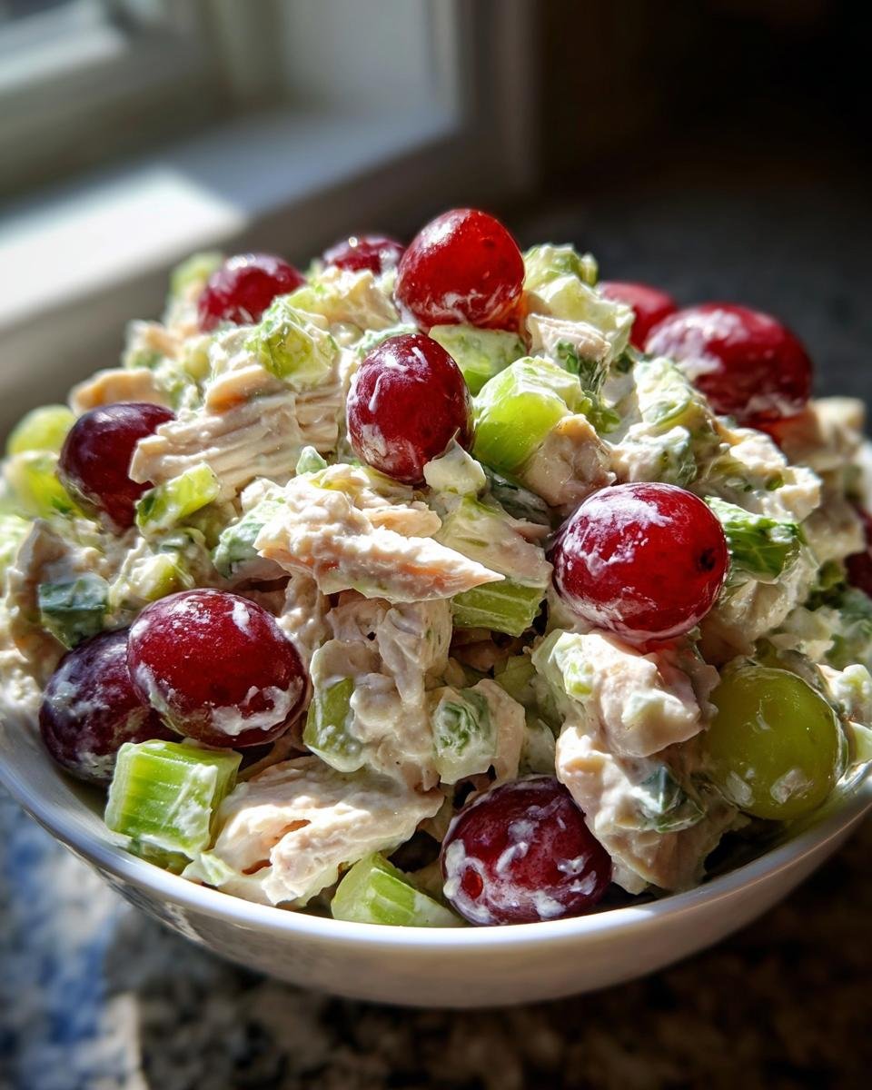 Nahaufnahme einer Sch&uuml;ssel mit Delicious Chicken Salad Chick Grape Salad, garniert mit roten und gr&uuml;nen Trauben.