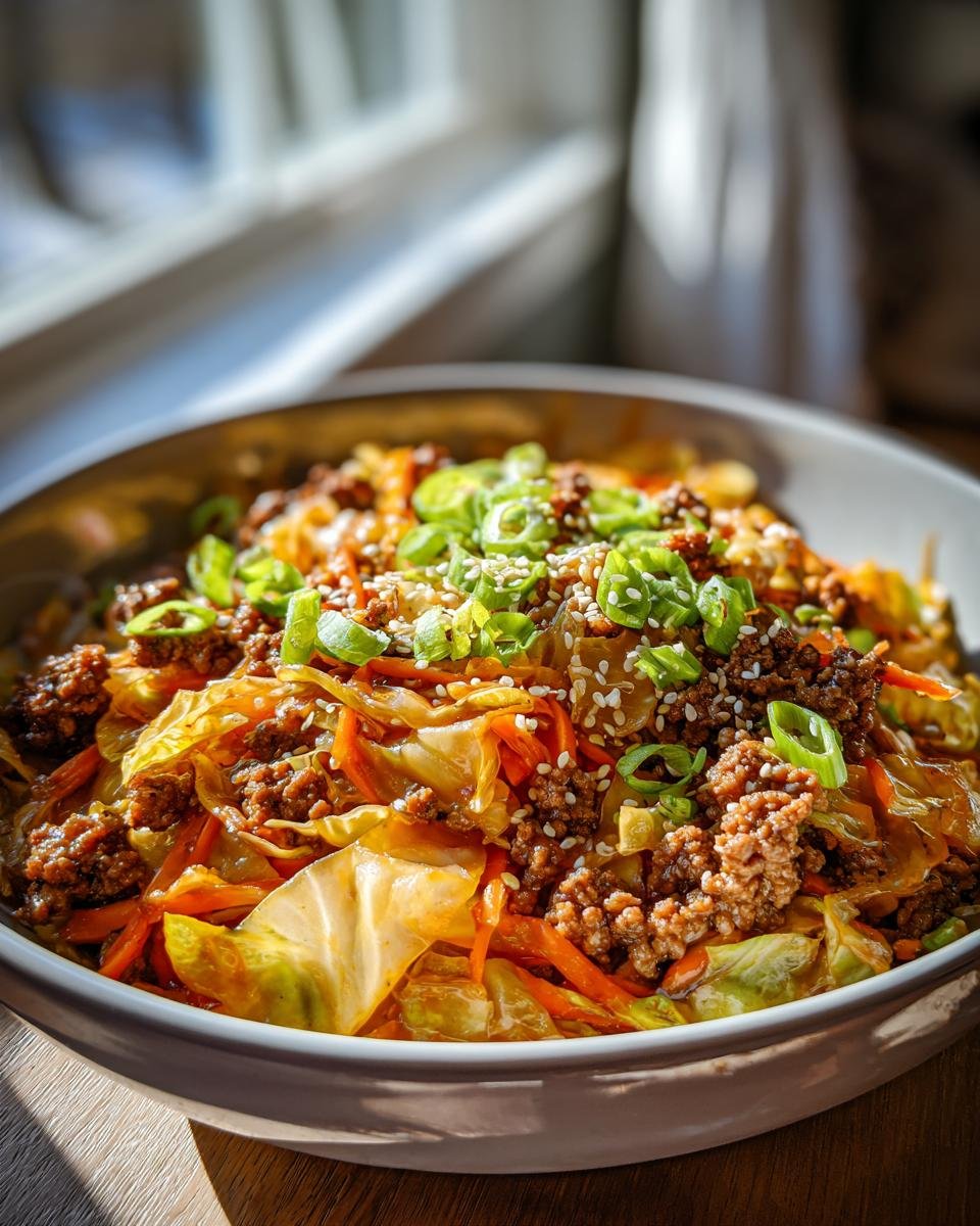 Sch&uuml;ssel mit einem unwiderstehlichen Egg Roll In A Bowl, garniert mit Fr&uuml;hlingszwiebeln und Sesam.