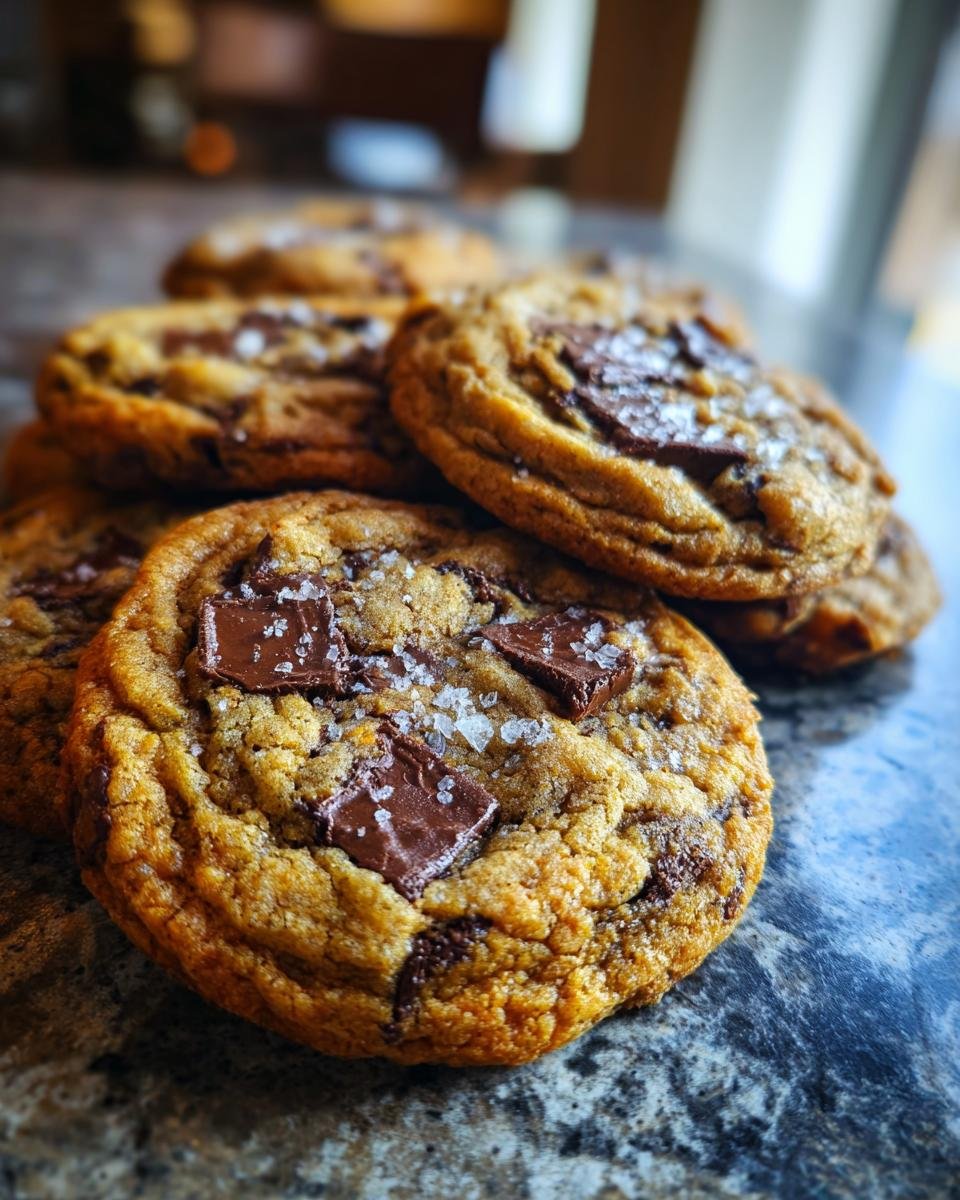Nahaufnahme von einfachen Chocolate Chip Cookies, bestreut mit Meersalz.