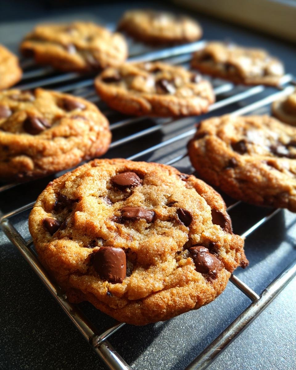 Nahaufnahme von frisch gebackenen, saftigen Chocolate Chip Cookies auf einem Kuchengitter.