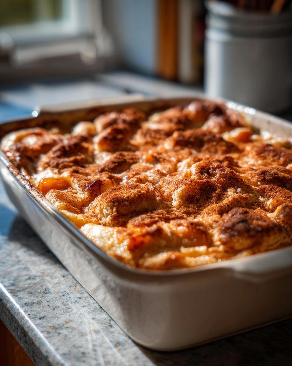 Ein frisch gebackener Pfirsich Cobbler in einer Auflaufform, bestreut mit Zimt.