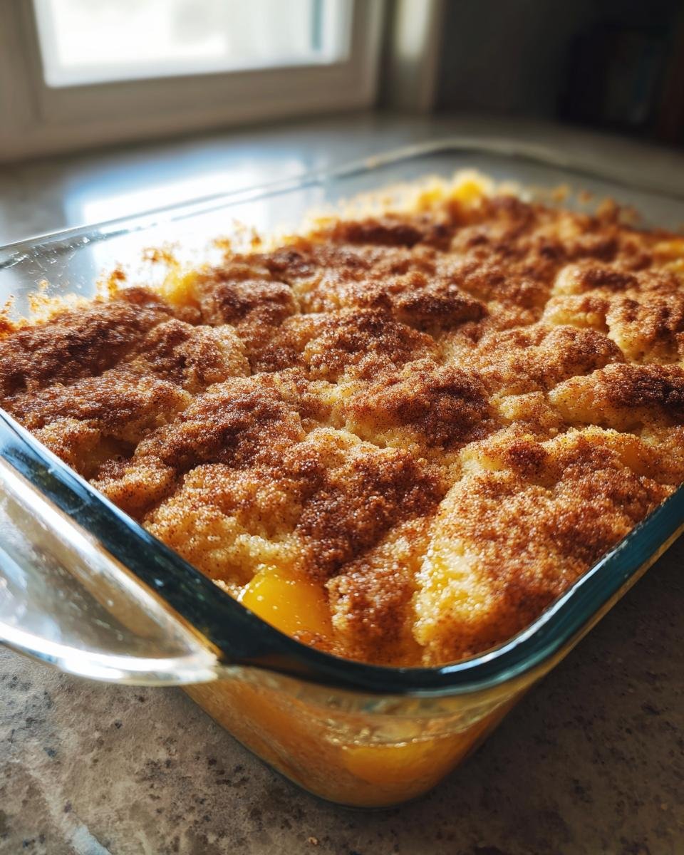 Ein frisch gebackener, einfacher Pfirsich Cobbler in einer Glasform, mit goldbrauner Kruste und saftigen Pfirsichen darunter.