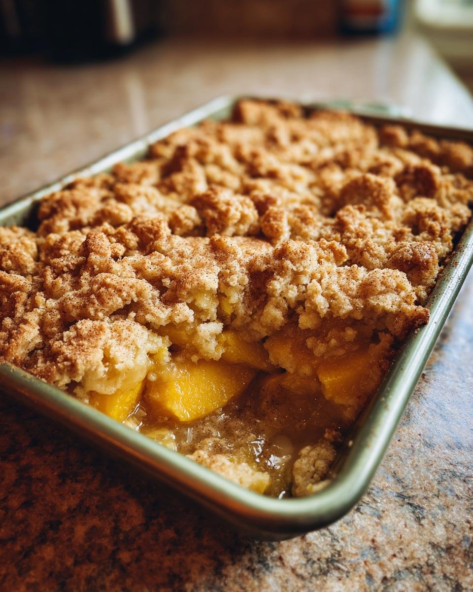 Nahaufnahme eines einfachen Pfirsich Cobblers mit goldbrauner Kruste und saftigen Pfirsichst&uuml;cken.