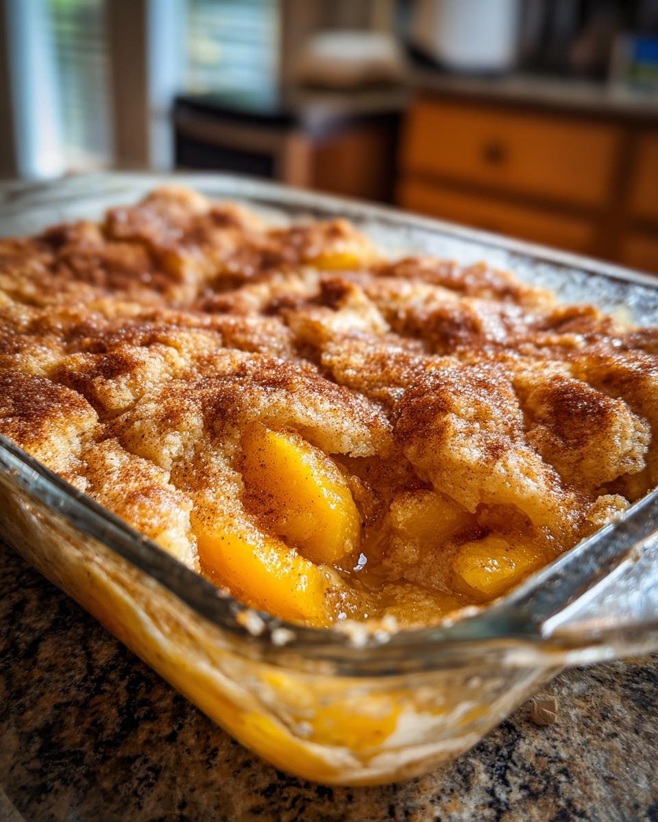 Nahaufnahme eines frisch gebackenen einfachen Pfirsich Cobblers in einer Glasform, bestreut mit Zimt.