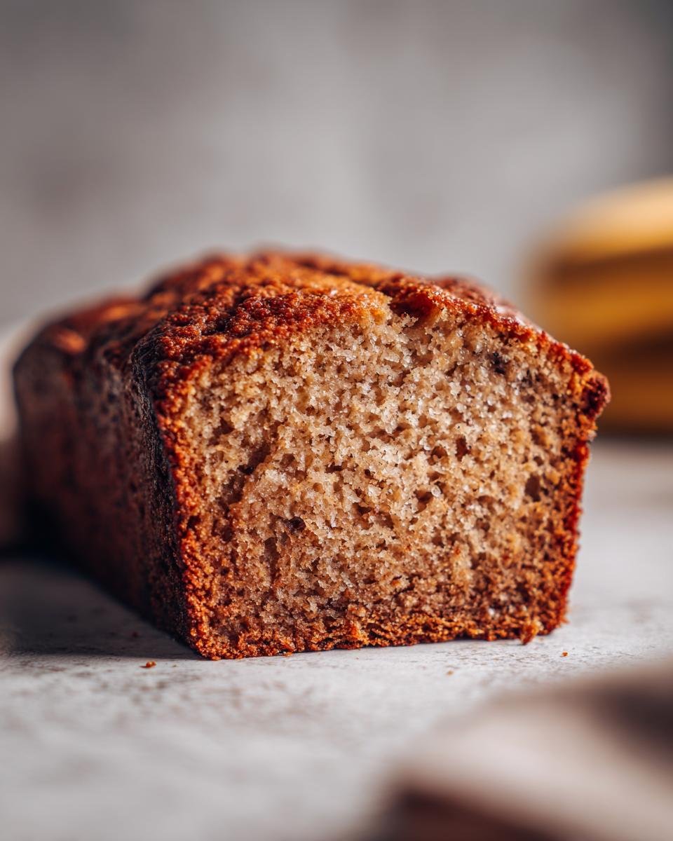 Nahaufnahme eines saftigen, frisch gebackenen Bananenbrots, perfekt für ein einfaches Bananenbrot Rezept.