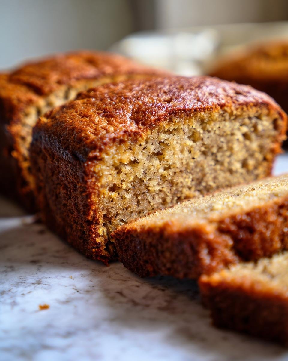 Nahaufnahme von geschnittenem, saftigem Bananenbrot, perfekt für ein einfaches Bananenbrot Rezept.