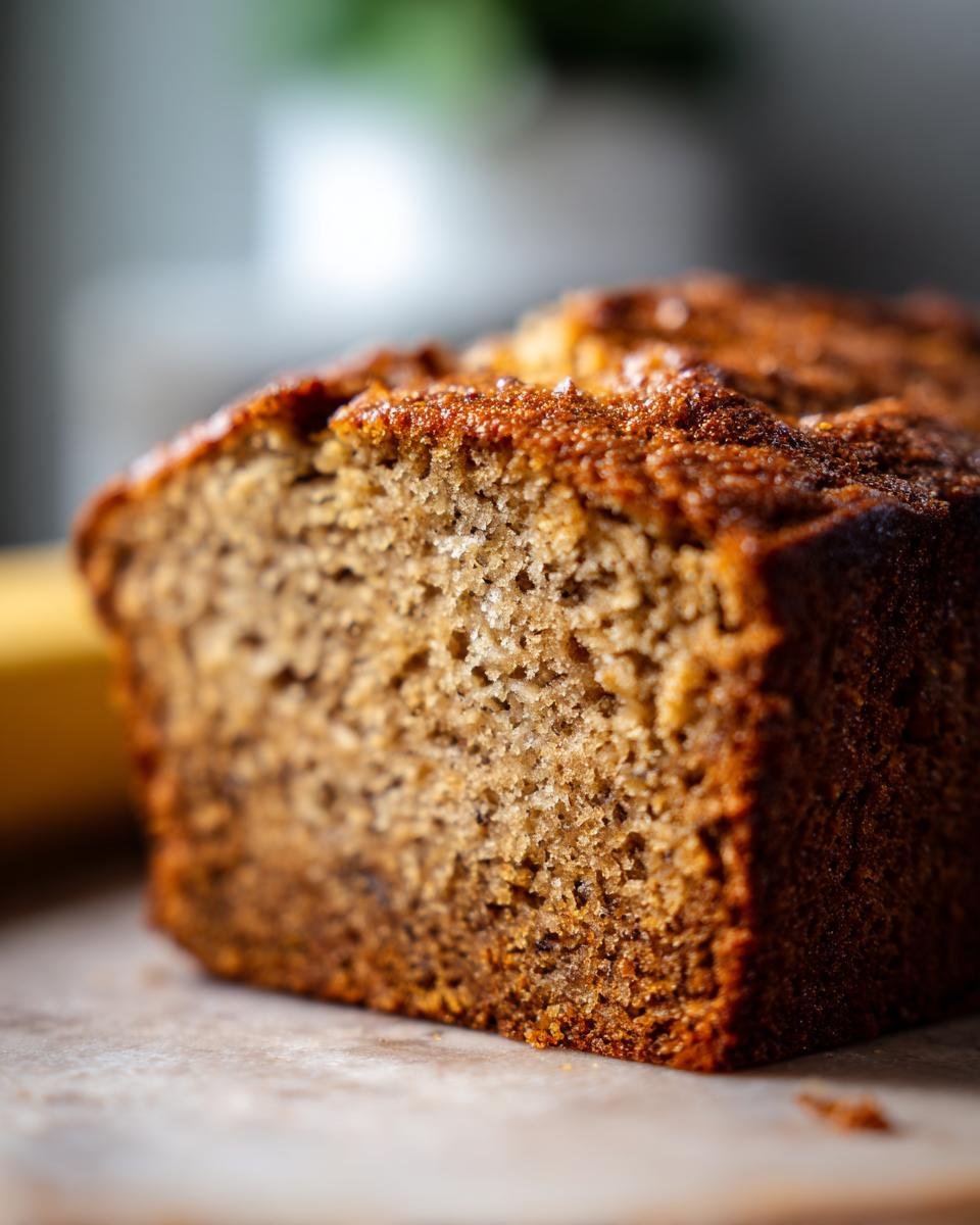 Nahaufnahme eines saftigen Stücks Bananenbrot, das perfekt gebacken ist.