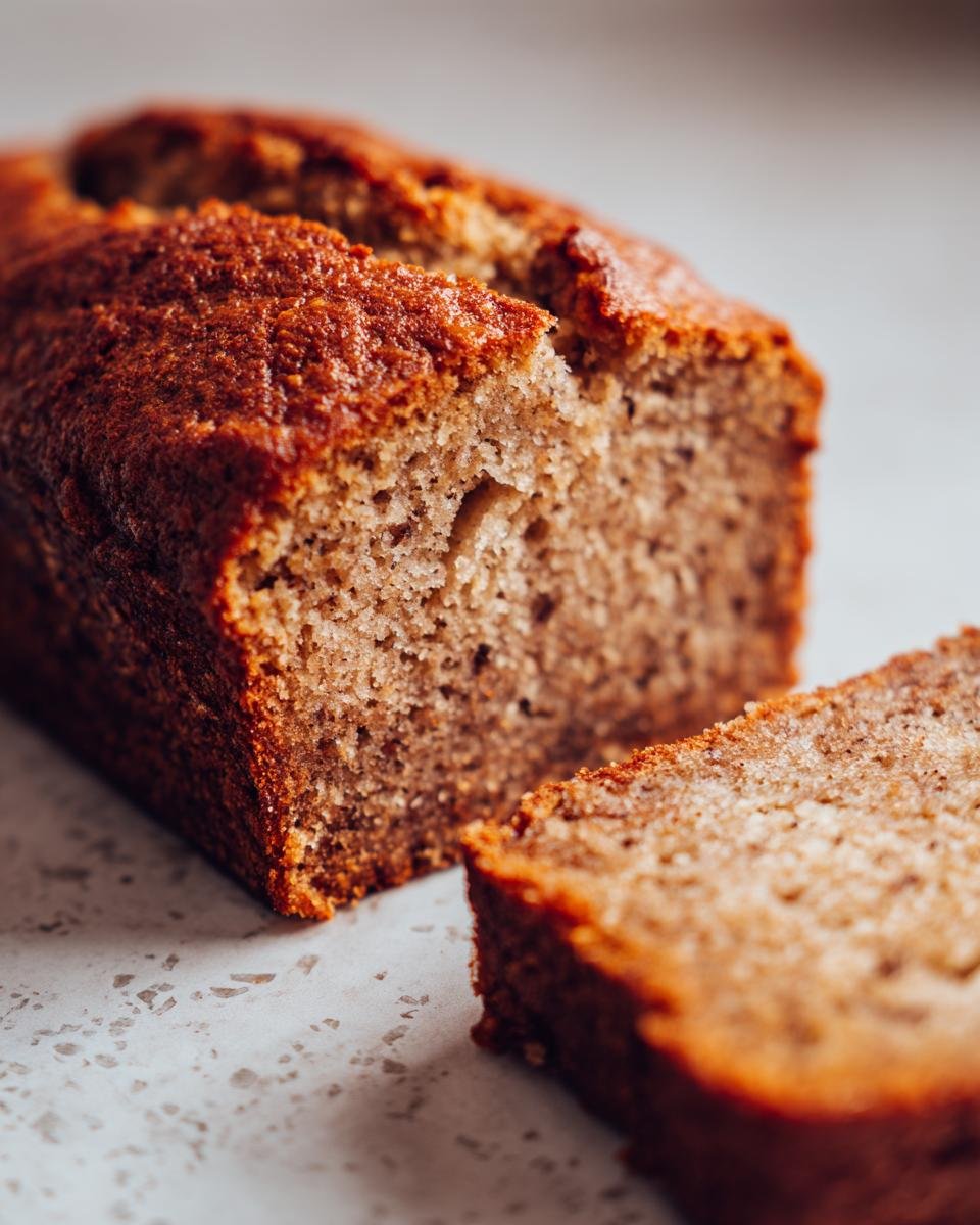 Ein saftiges Stück von einem einfachen Bananenbrot, das auf einer Arbeitsplatte liegt.